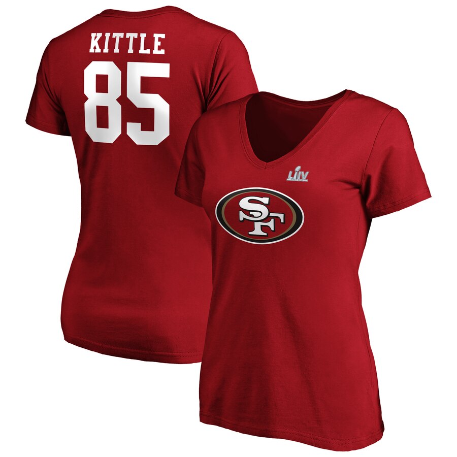 Women's San Francisco 49ers #85 George Kittle NFL Scarlet Super Bowl LIV Bound Plus Size Halfback Player Name & Number V-Neck T-Shirt